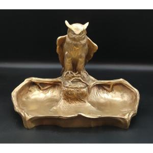 Paul Jouve - Rare Owl Inkwell In Gilt Bronze