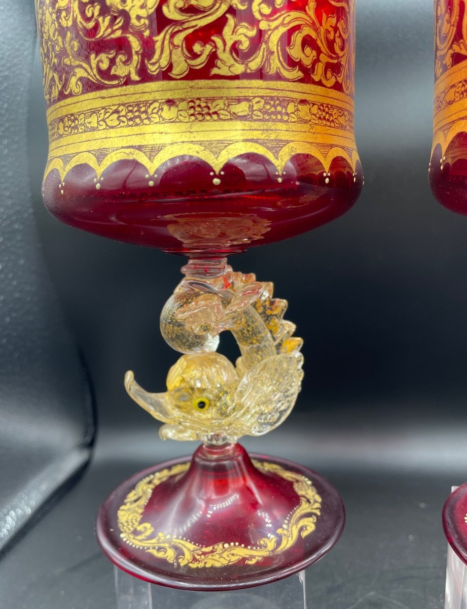 Paire De Verre  Peintes Avec Des Tableaux Célèbres Venise XXe Siècle-photo-3