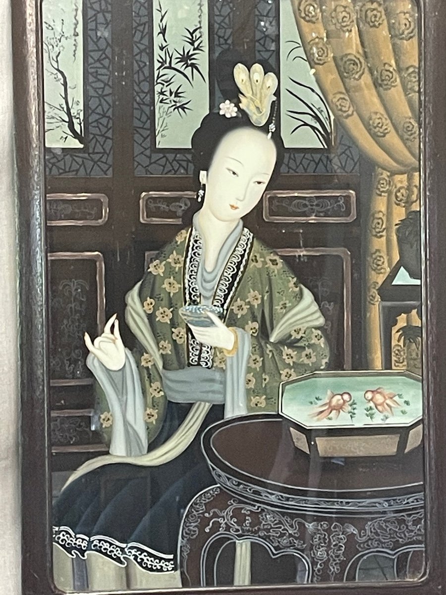 Paire De Tableaux Sous Verre Chine XXe Siècle-photo-1