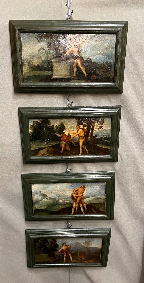 Oil Paintings On Wood Depicting Scenes From The Exploits Of Hercules, 18th Century