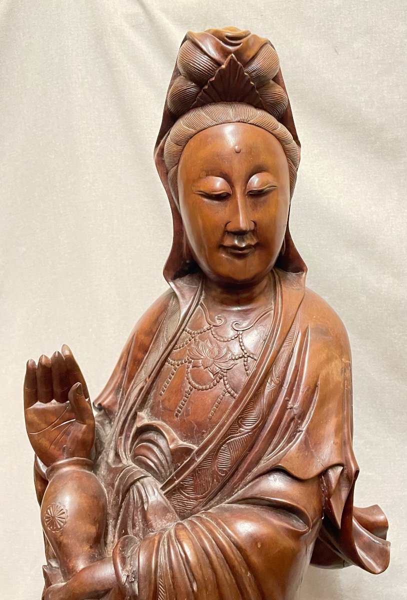 Grand Guanyin En Bois Du XXe Siècle-photo-2