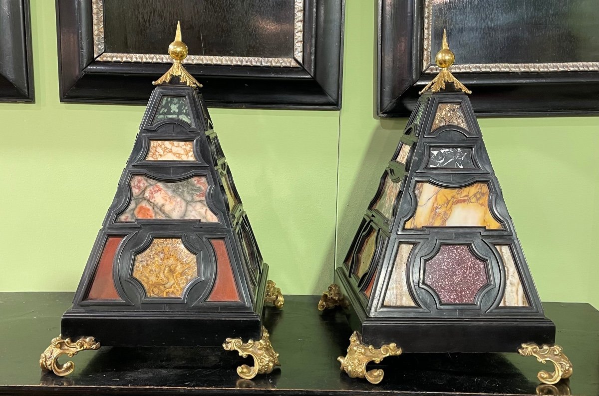 Pair Of Marble And Wood Pyramids, 20th Century