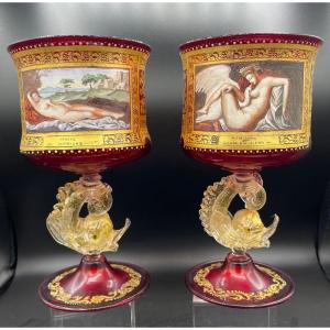 Paire De Verre  Peintes Avec Des Tableaux Célèbres Venise XXe Siècle