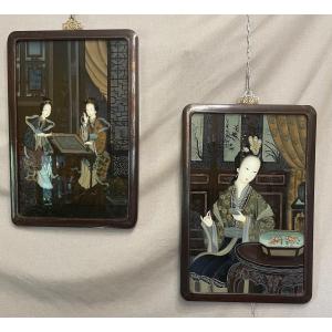 Pair Of Paintings Under Glass China 20th Century