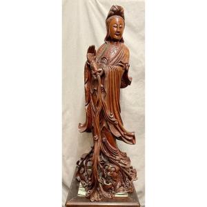 Grand Guanyin En Bois Du XXe Siècle