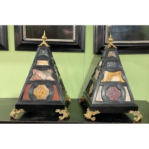 Pair Of Marble And Wood Pyramids, 20th Century