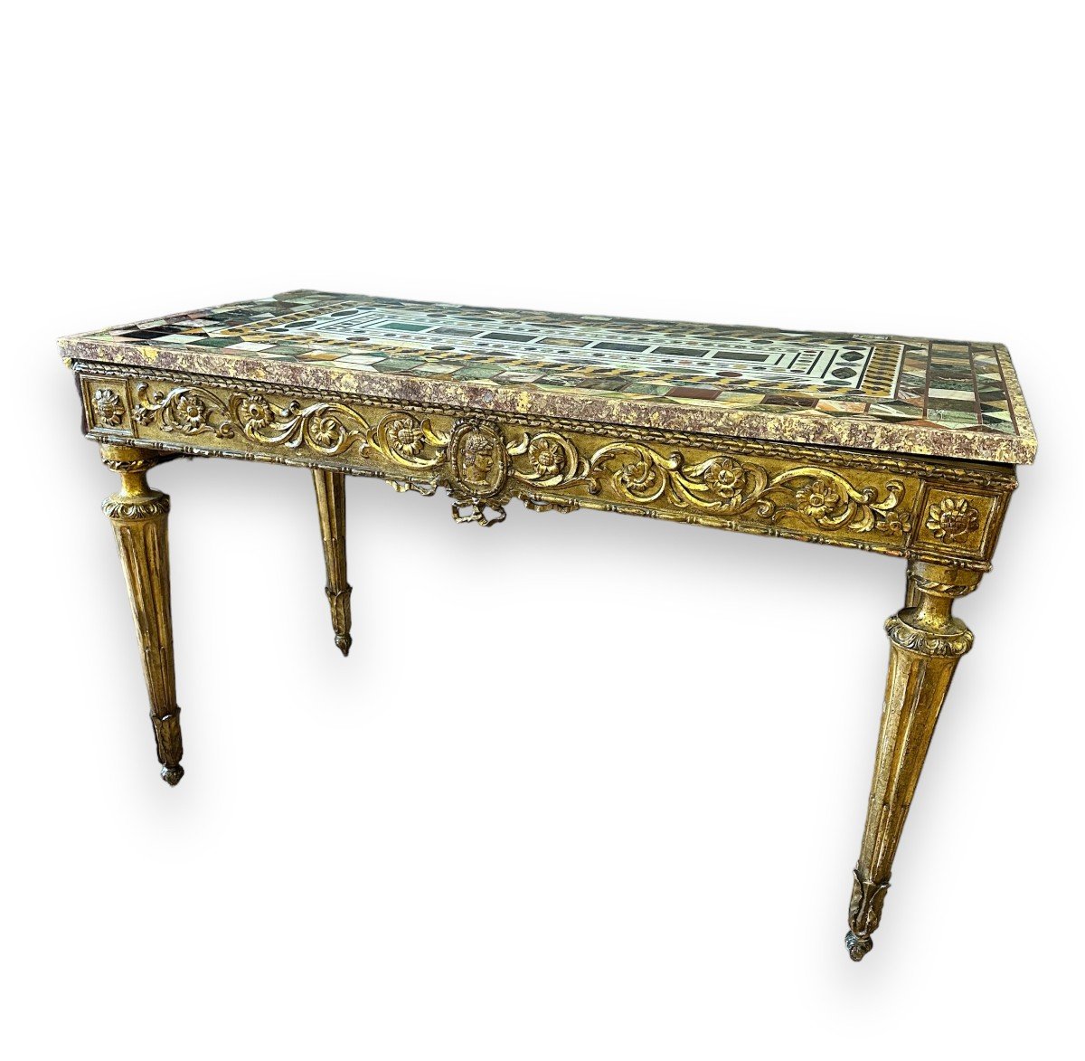 18th Century, Console In Gilded Wood With Marble Top-photo-2