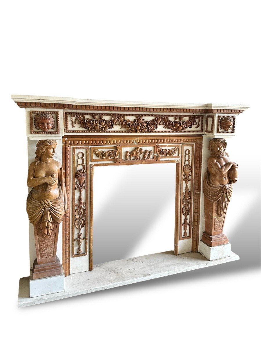 19th Century, Large Fireplace With Polychrome Marble And Lateral Sculptures-photo-2