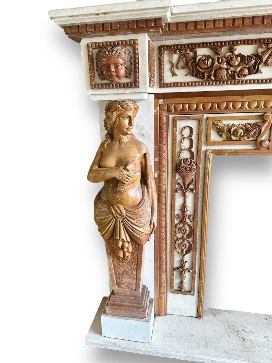 19th Century, Large Fireplace With Polychrome Marble And Lateral Sculptures-photo-3