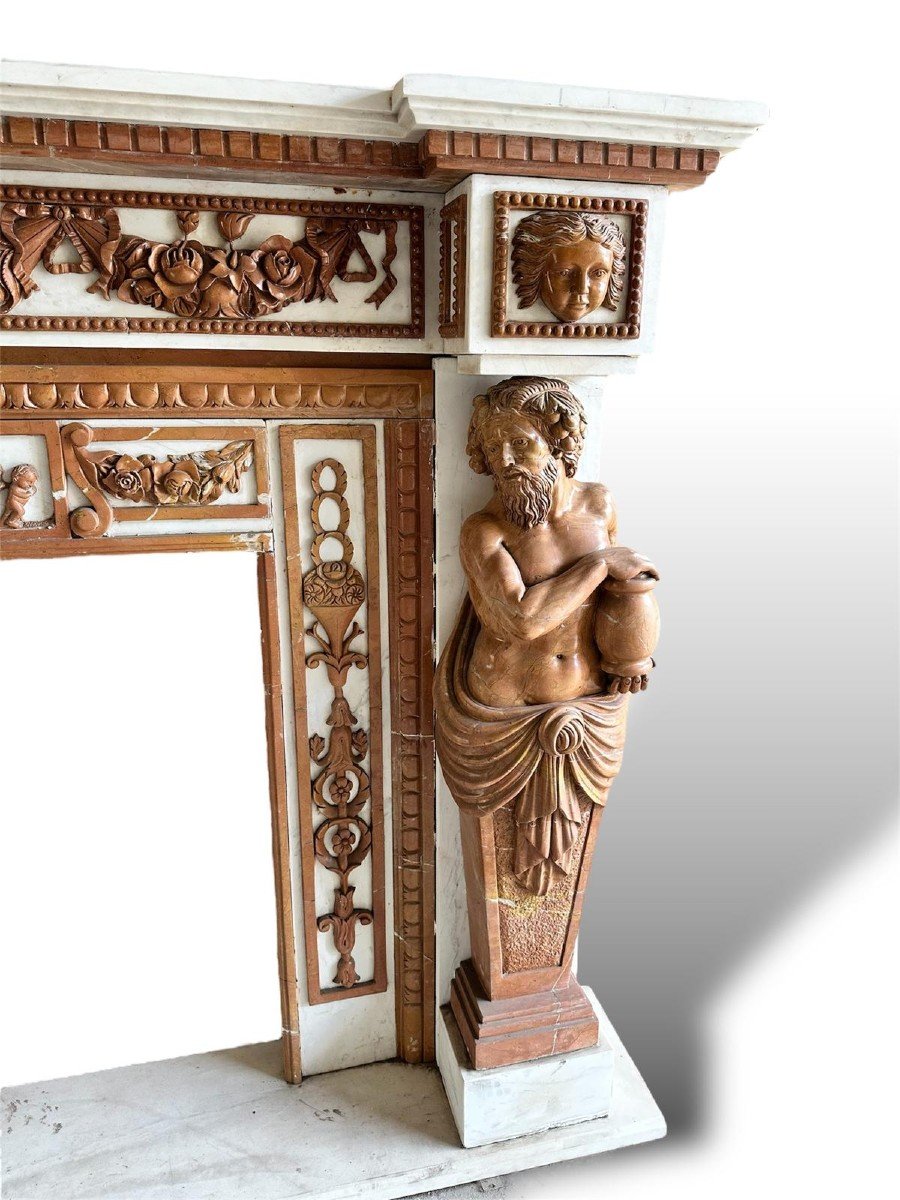 19th Century, Large Fireplace With Polychrome Marble And Lateral Sculptures-photo-4