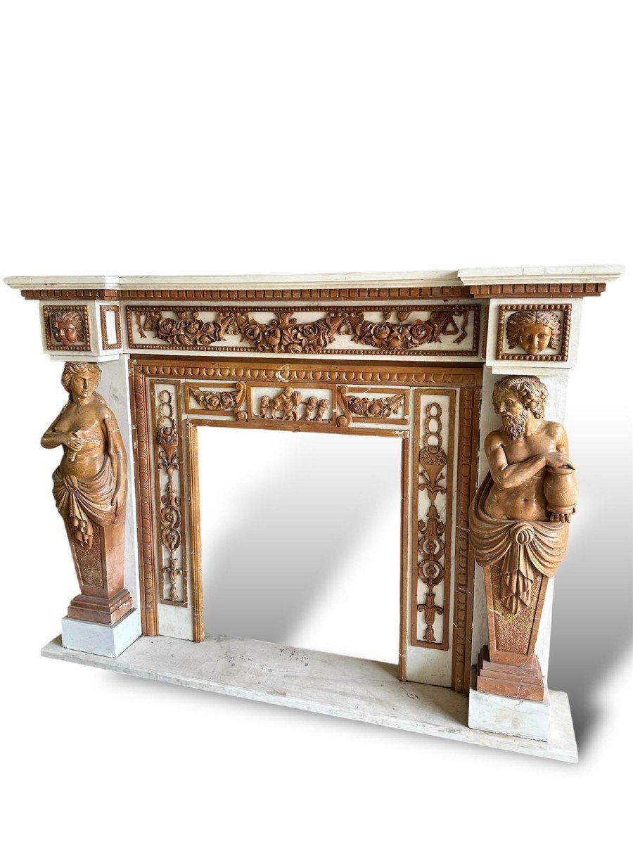 19th Century, Large Fireplace With Polychrome Marble And Lateral Sculptures-photo-1