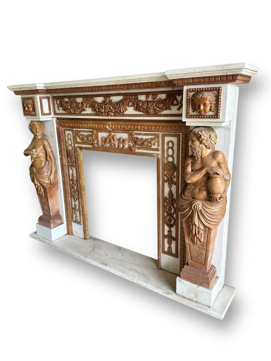 19th Century, Large Fireplace With Polychrome Marble And Lateral Sculptures-photo-2