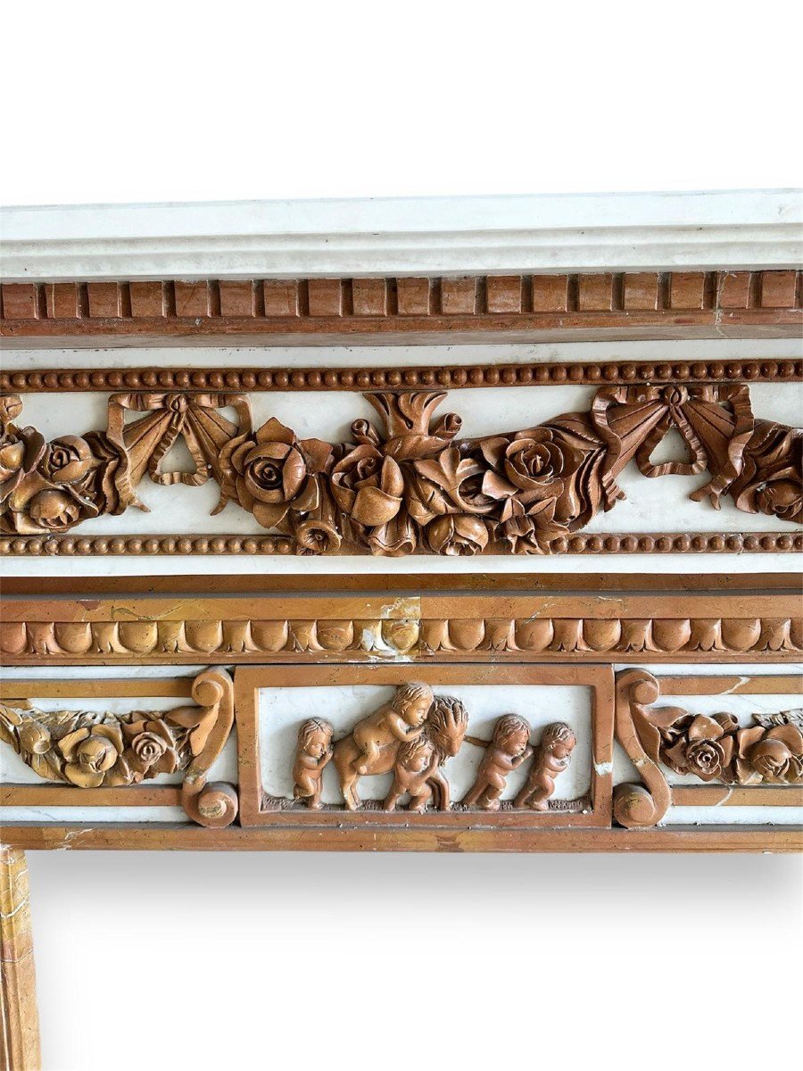 19th Century, Large Fireplace With Polychrome Marble And Lateral Sculptures-photo-3