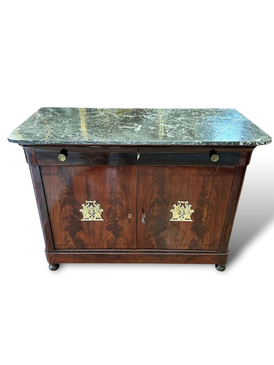 19th Century. Wooden Sideboard With Marble And Gilded Bronze