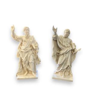 19ème Siècle, Paire De Sculptures En Marbre Blanc De Saint Pierre Et Saint Paul