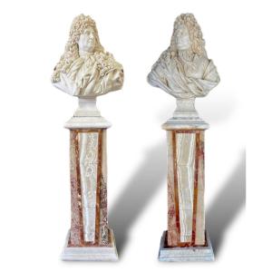 20th Century, Pair Of Large Marble Busts, Sun King, Louis XIV