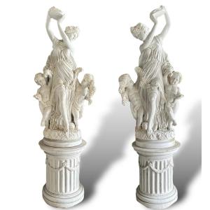 19eme Siècle, Paire De Sculptures En Marbre Blanc, Groupes Allégoriques