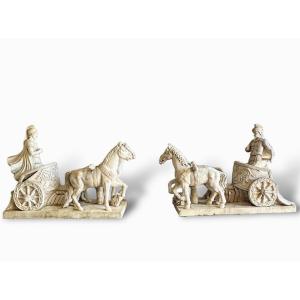 19th Century, Pair Of Marble Sculptures, Roman Chariot