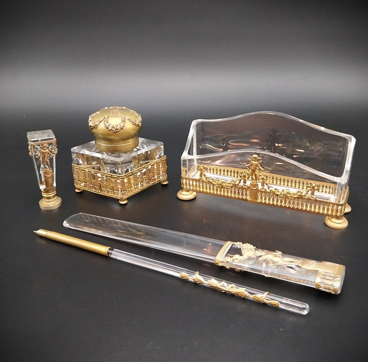 Rare Writing Set  Napoleon III In Gilded Bronze And Crystal.