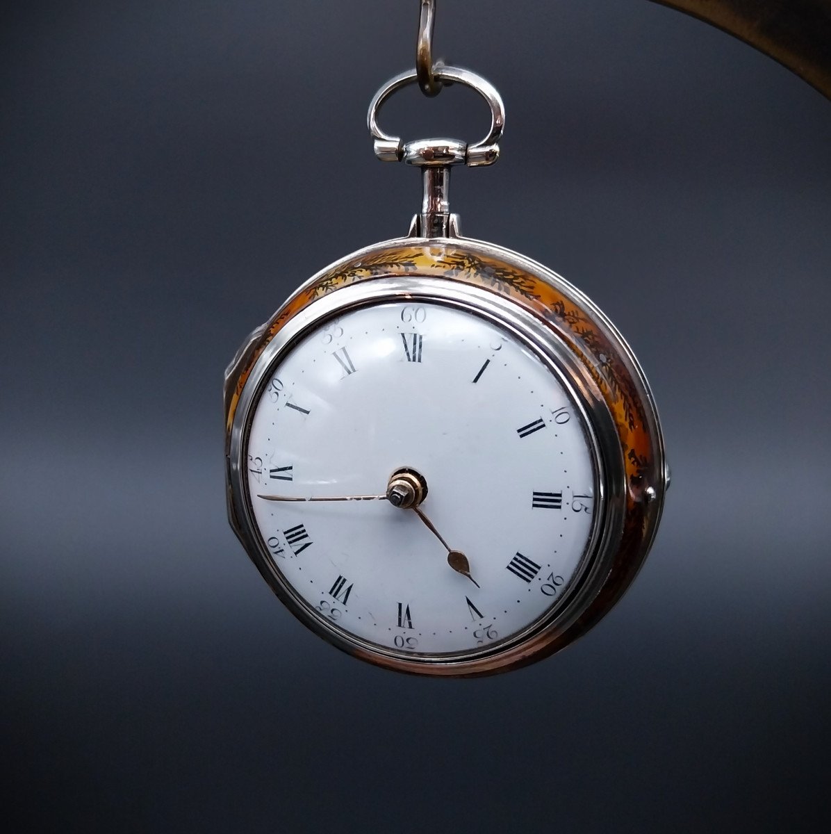 Rare montre gousset avec boîtier en corne peinte, 18ème siècle-photo-2