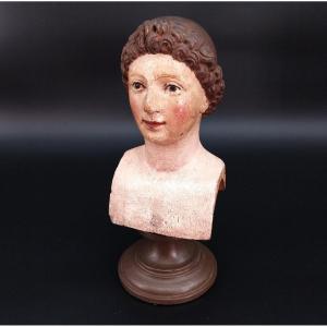 Little Bust, Sculpture, Hand Carved In Polychrome Wood From The 18th Century. 
