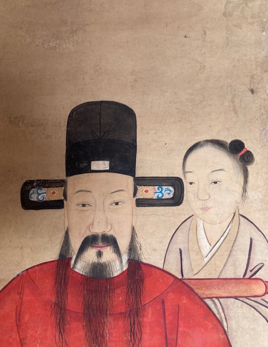 Portrait d'Ancêtre Couple Et Assistants. Peinture En Rouleau Vertical. Chine, Dynastie Ching-photo-3