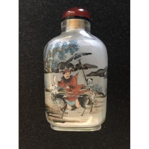 Snuff Bottle Crystal Painted From The Interior, Legend Linked To Zhong Kui, China 20th Century