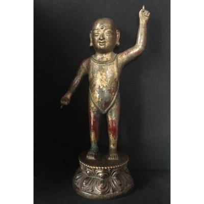 Rare Bouddha enfant en Tarjani Mudra. Bronze, laque, dorure. Statue Asie. Chine XVIII XIXeme. Asie
