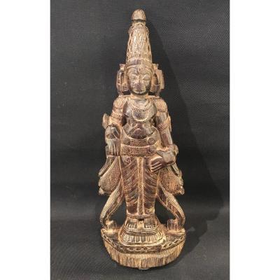 Statue Indienne En Bois Du Dieu Viçnu (vishnou), Inde Du Sud, Hindouisme Asie