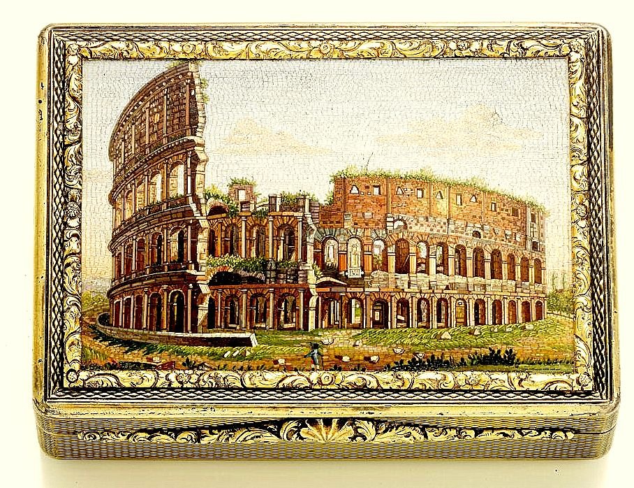 Tabatière En Micromosaïque 'the Colosseum' Par Domenico Moglia (1780-1862) Argent Doré Et Or-photo-3