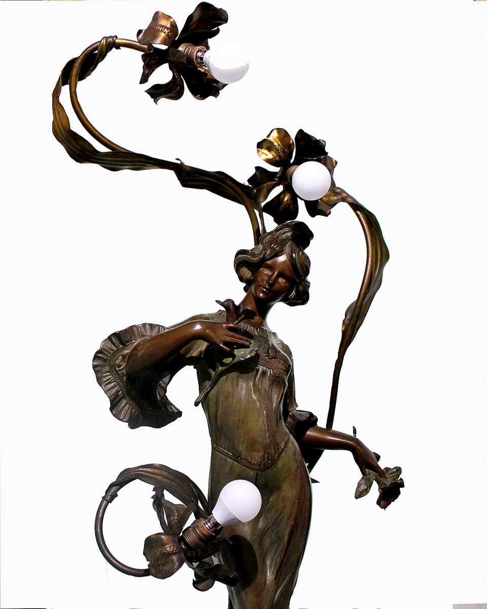 Large Art Nouveau Figural Bronze Lamp-photo-4