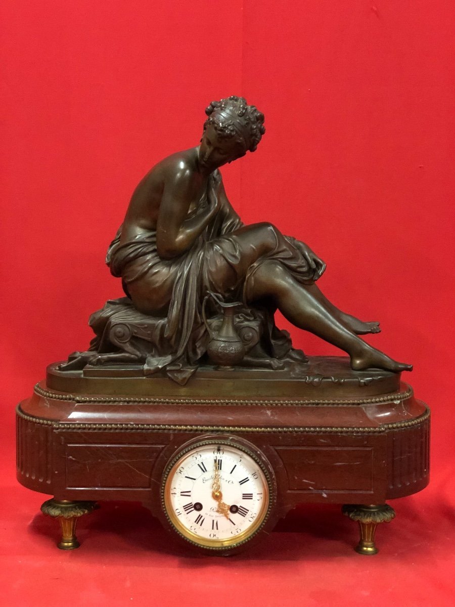 Horloge De Cheminée En Marbre Griotte Et Bronze