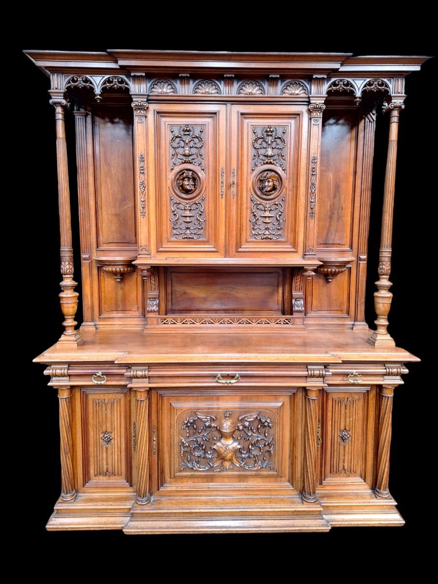 Very Beautiful Monumental Cabinet In Walnut In The Renaissance Style.