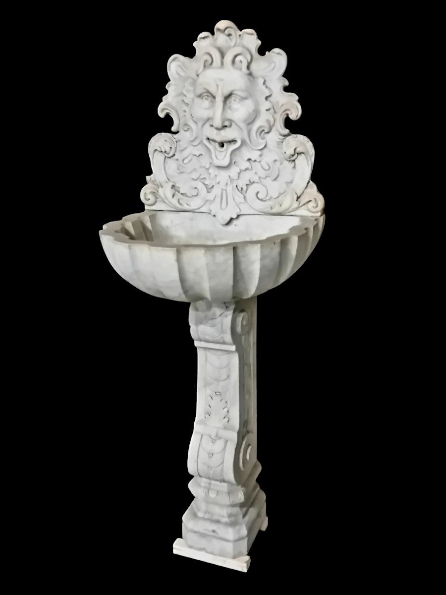 Carved Wall Fountain  In  Carrara Marble