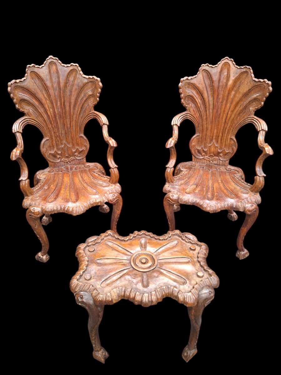 A Fine Pair Of Carved Walnut Cave Armchairs. 