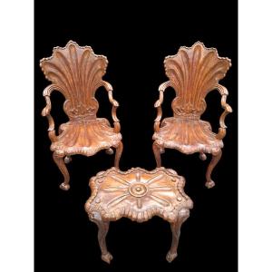 A Fine Pair Of Carved Walnut Cave Armchairs. 