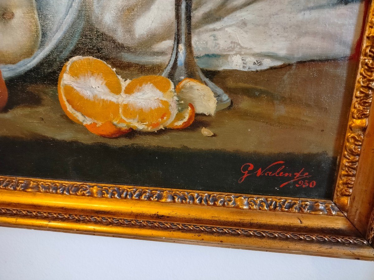 Painting  Oil On Canvas ''apples Pears And Oranges'' Signed Valente 1930-photo-2