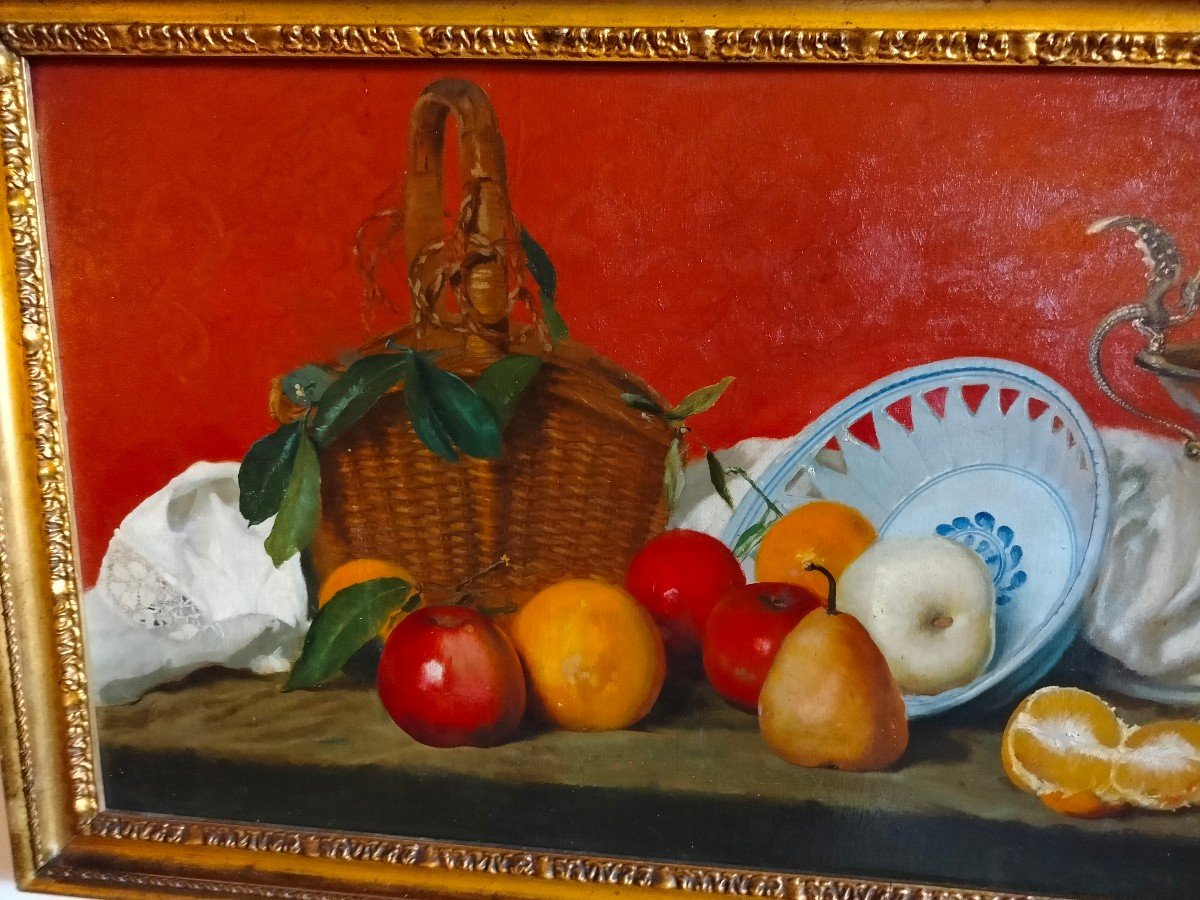 Painting  Oil On Canvas ''apples Pears And Oranges'' Signed Valente 1930-photo-3