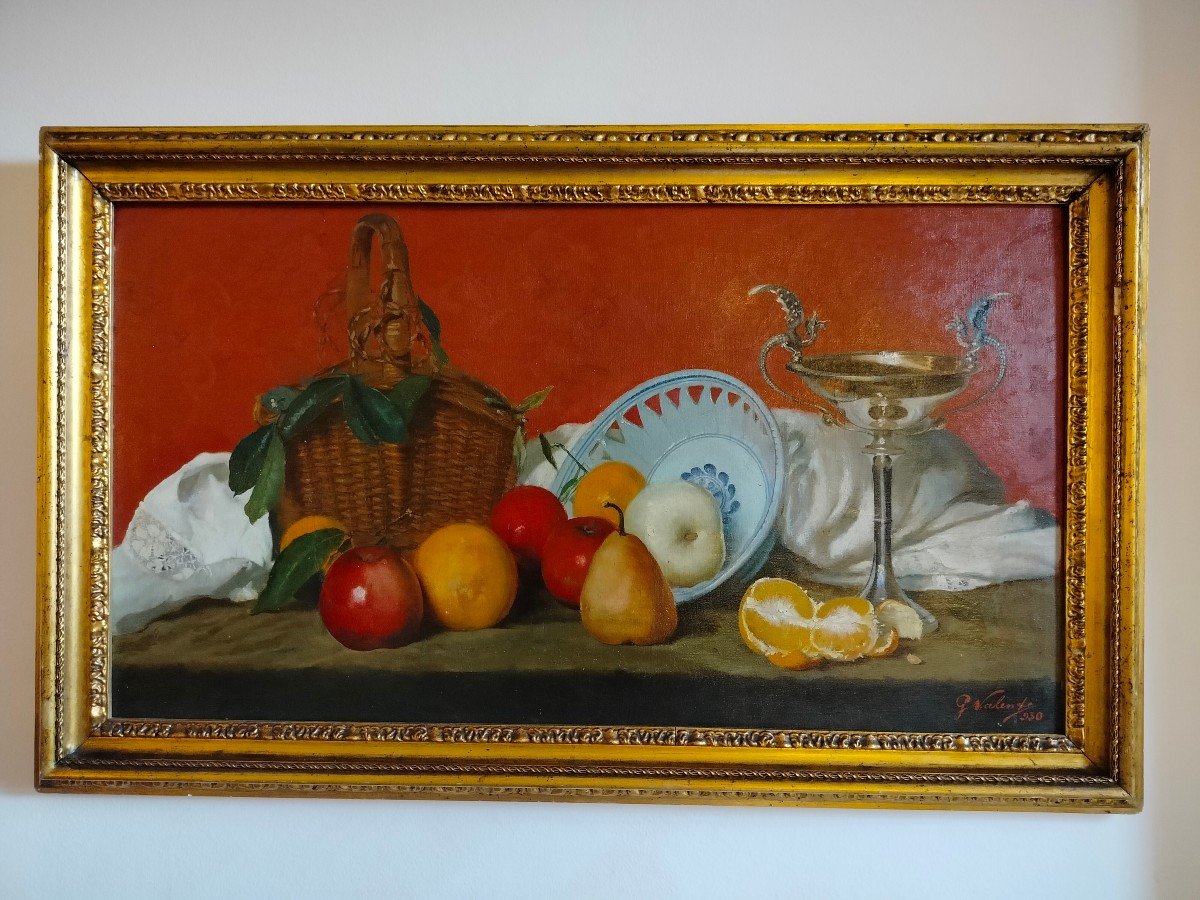 Painting  Oil On Canvas ''apples Pears And Oranges'' Signed Valente 1930-photo-4