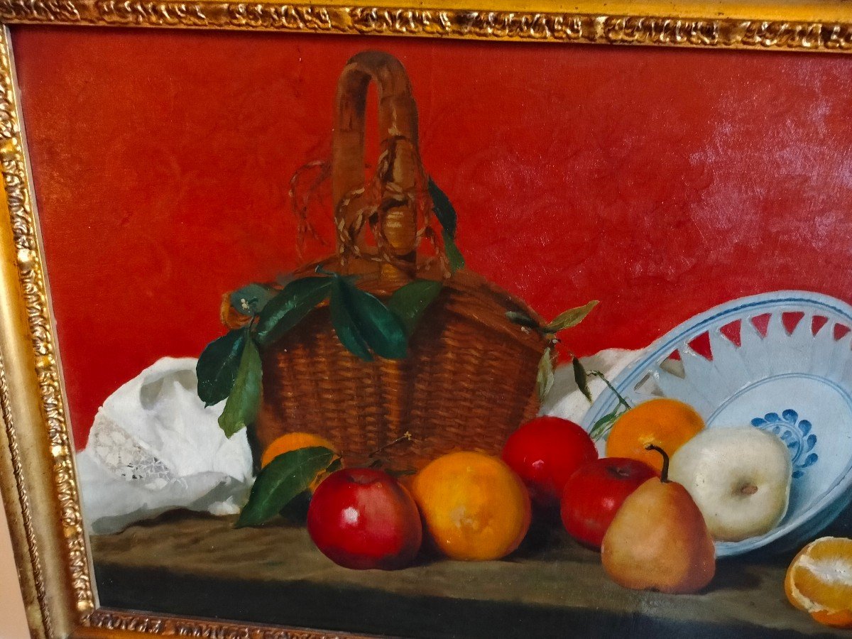 Painting  Oil On Canvas ''apples Pears And Oranges'' Signed Valente 1930-photo-3