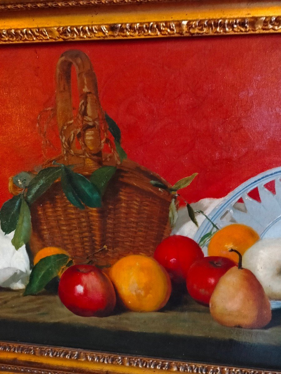 Painting  Oil On Canvas ''apples Pears And Oranges'' Signed Valente 1930-photo-4