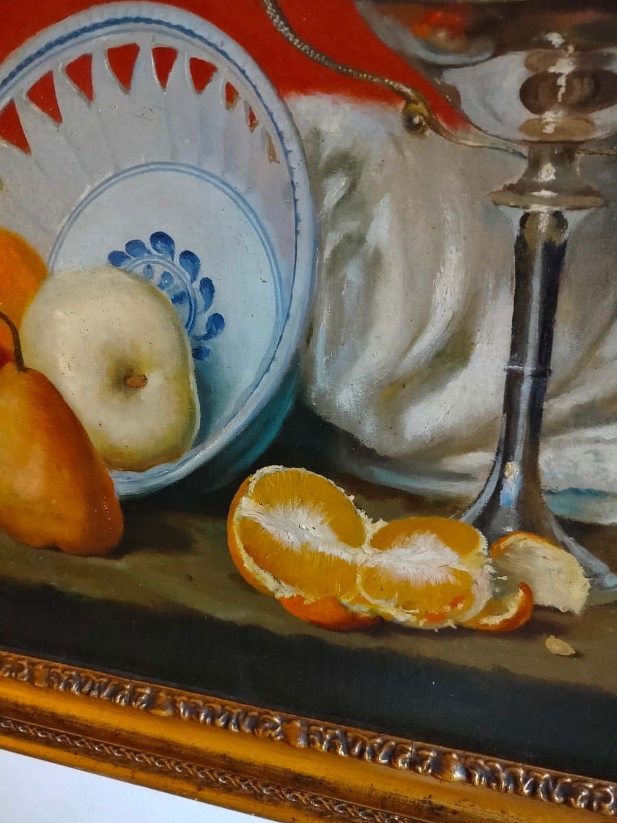 Painting  Oil On Canvas ''apples Pears And Oranges'' Signed Valente 1930-photo-5