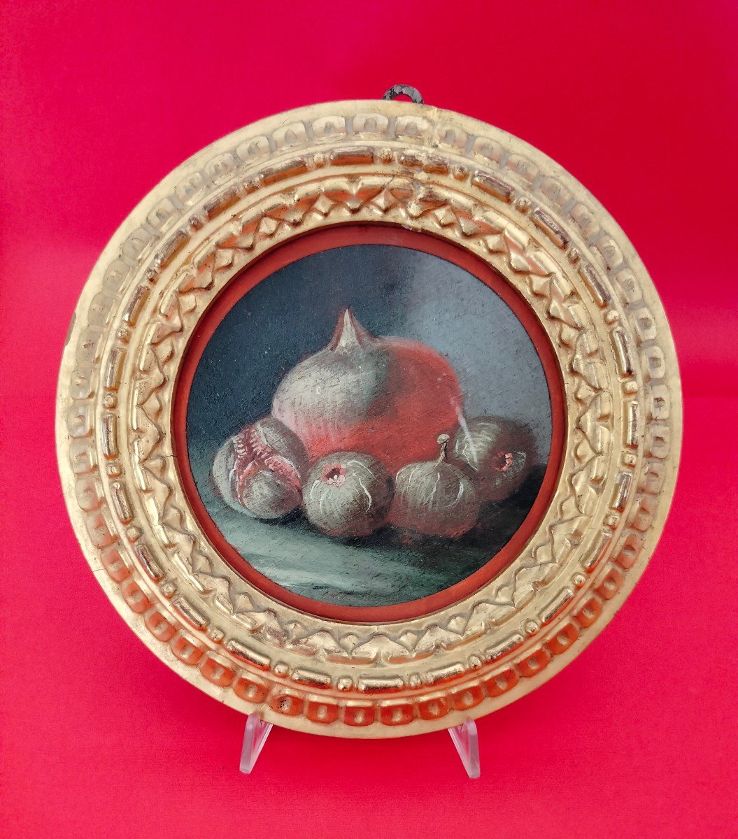  ITALIE -  Fin XVIII s.  ''Grenade et Figues '' Huile s. Panneau  -photo-4