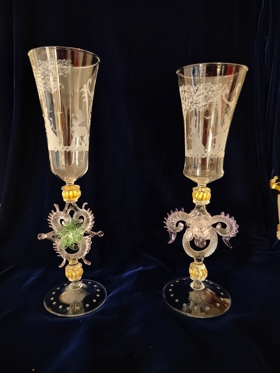 Pair Of  Venice Calyxes Blown Glass-photo-4