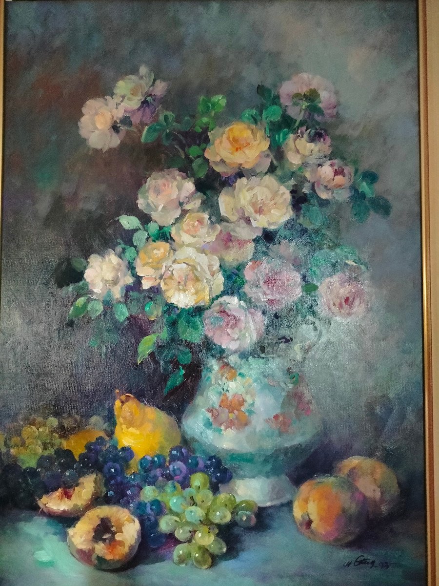  Tableau H.s.t. '' Vase aux roses et fruits ''  XX s. Signé.-photo-3