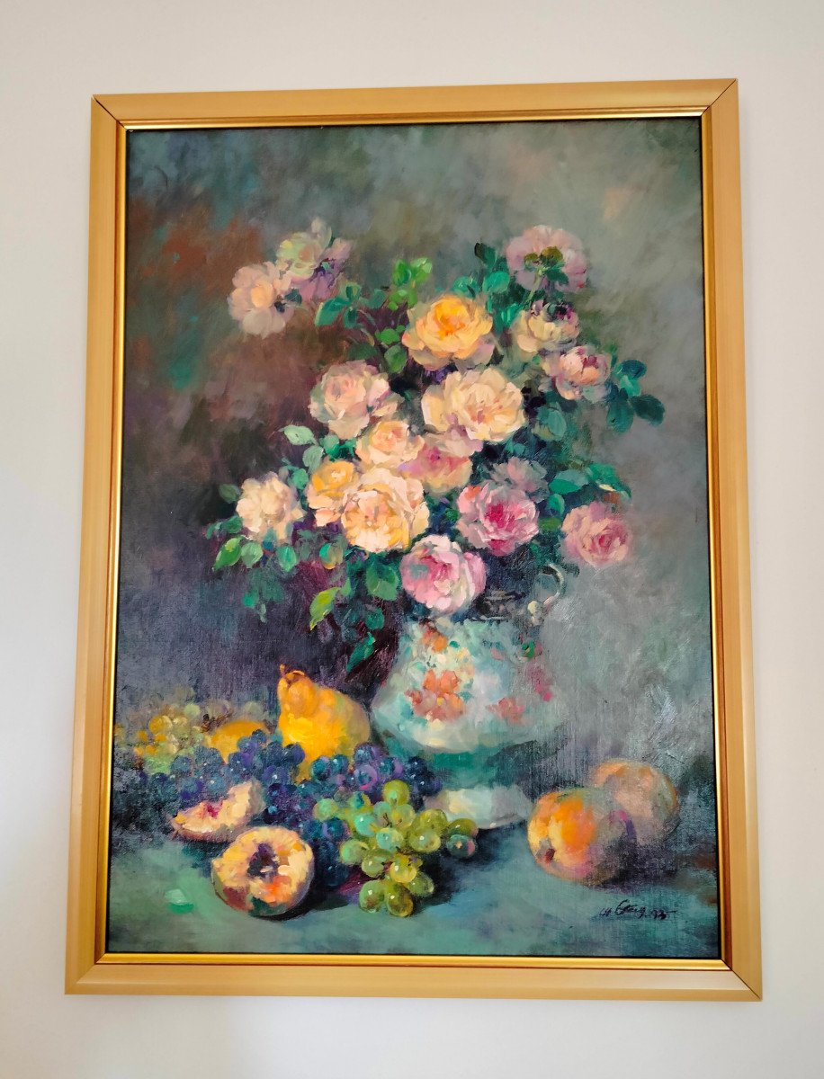  Tableau H.s.t. '' Vase aux roses et fruits ''  XX s. Signé.