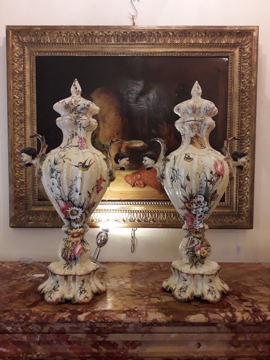 Pair Of Italian Faience, Earthenware Vases 