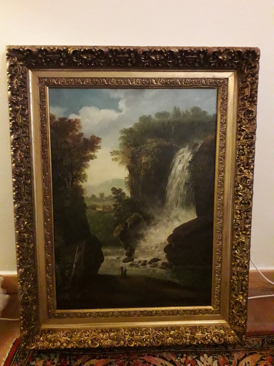 Painting Oil On Canvas ''cascade Landscape'' Beginnin XIX Cent.  