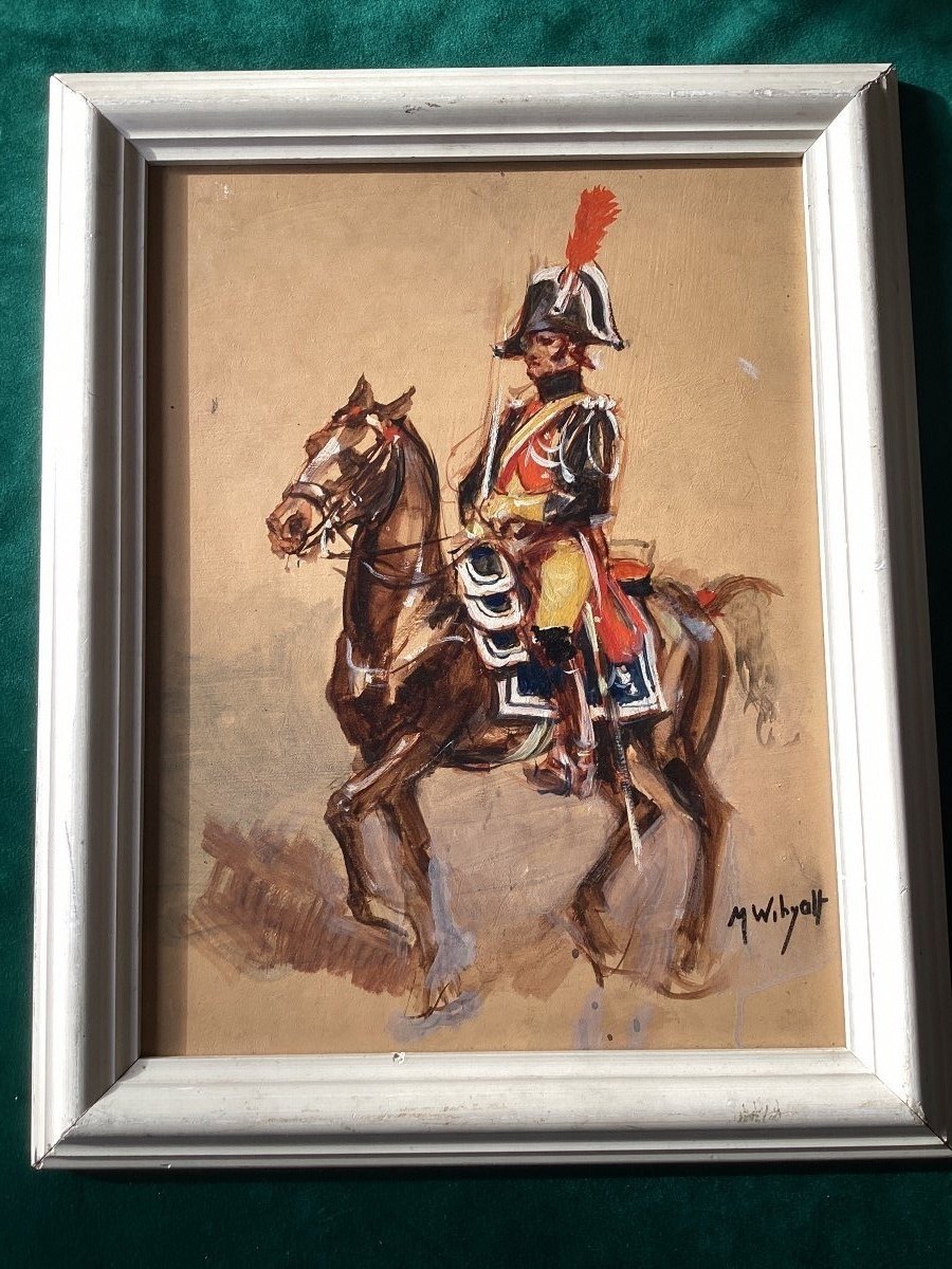 Two Paintings On Wood Representing, A First Empire Gendarme And A Cavalry Charge