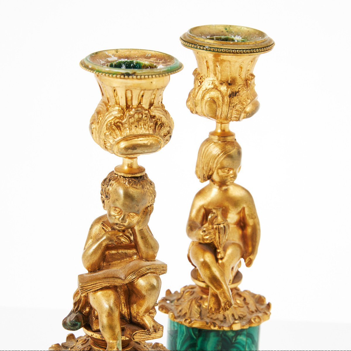 A Pair Of 19th Century Rocaille Style Malachite Candlesticks-photo-2